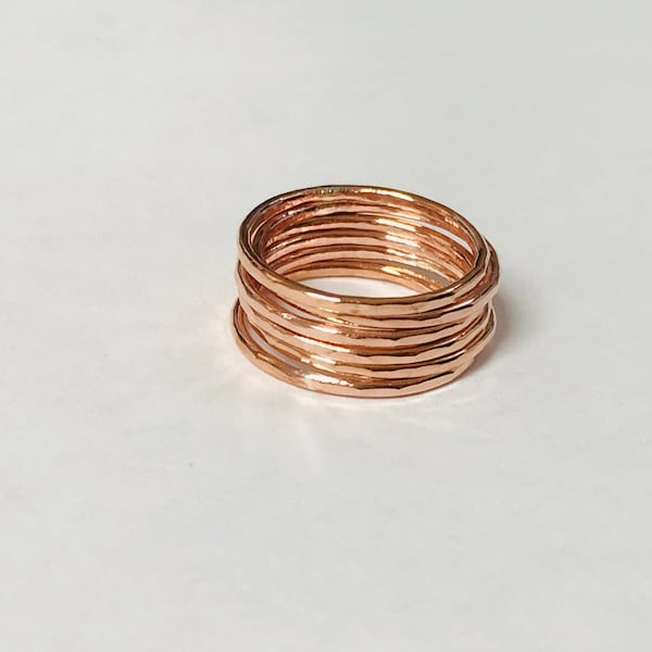 Minimalist Set of 6 Solid copper rings textured hammered