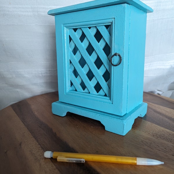 Aqua Blue Painted Wooden Box with Lattice Front.