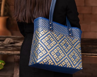 Tote bag - handmade handwoven recycled plastic tote bag in Blue and Gold with Vinyl Handles