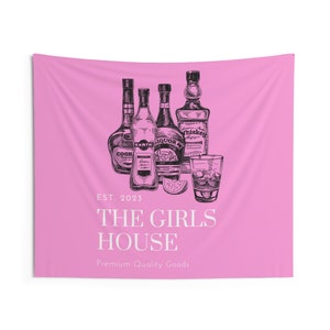 Indoor Hanging Wall Tapestry: The Girls House est. 2023; perfect wall decor for college apartment with cowgirl over a pink background
