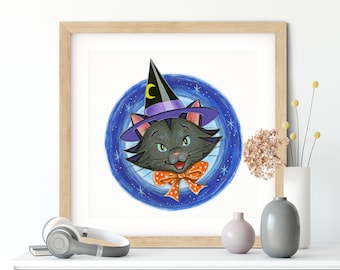 Black Cat Halloween Print | Halloween Print | Black Cat | Gift for Cat Lover | Fall Decor | Original Art Print | Kids Wall Art | Retro Art