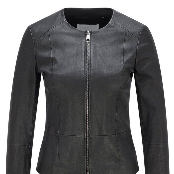 Veste en cuir véritable pour femme, coupe cintrée, sans col, manteau court, veste noire