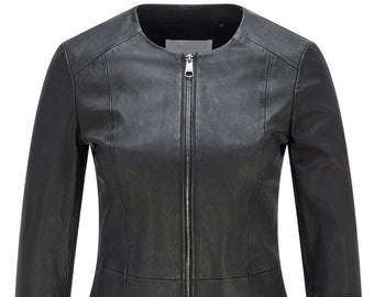 Women's Real Leather Jacket Slim Fit Collarless Short Coat Black Jacket