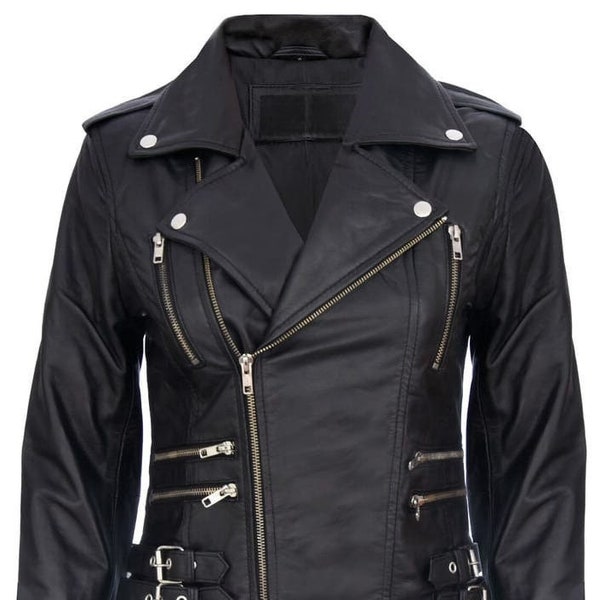 Women's Black Soft Multi Zip Coat Retro 100% Nappa Real Leather Biker Jacket