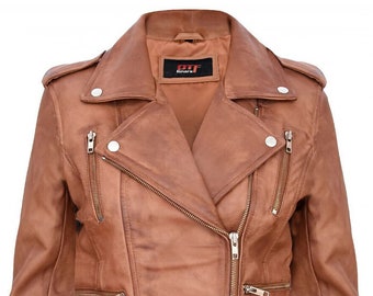 Women's Retro 100% Nappa Real Leather Biker Jacket Tan Soft Multi Zip Short Coat Comfortable