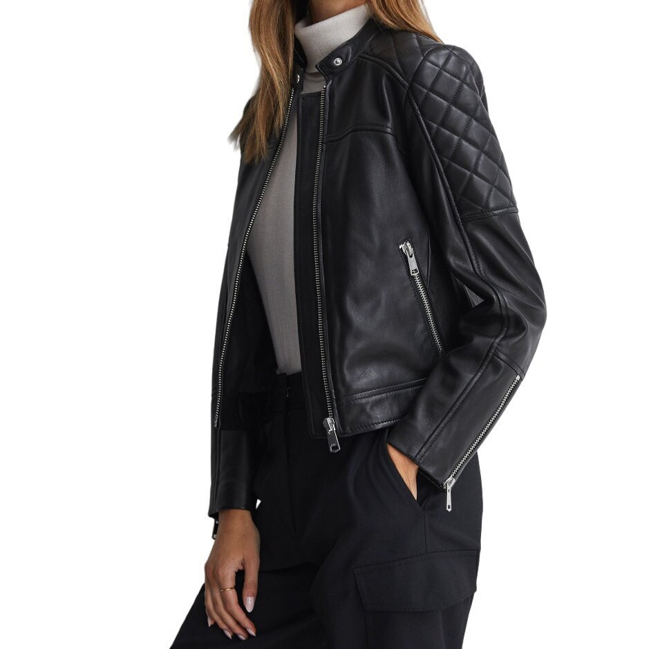 Women Real Leather Jacket Collarless Quilted Black Zip up Casual Biker  Jacket