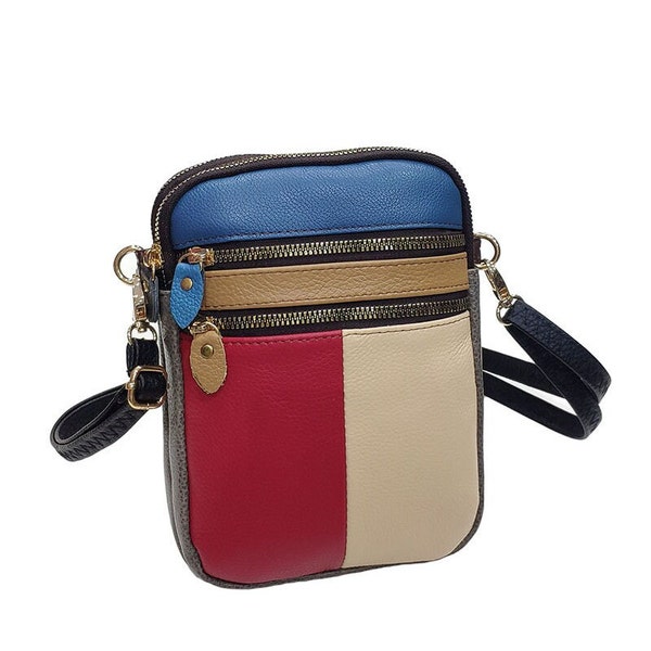 Ladies Leather Bag Double Zip Pachtwork Multicolour Stylish Leather Bag