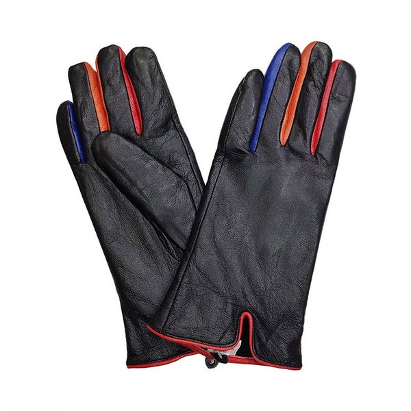 Gant en cuir noir pour femme, gants thermiques doux et élégants, bicolores, pour l'hiver