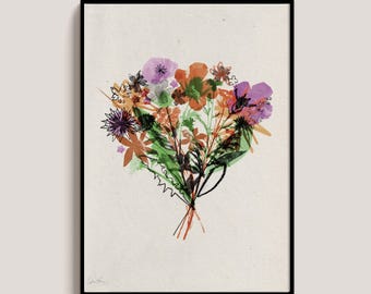 Wildflower Bouquet Print, Botanical Collage Art