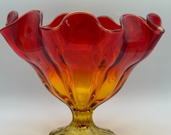 L.E.Smith Simplicity Amberina Glass Compote, Mid Century Ruffled Rim Fruit Bowl