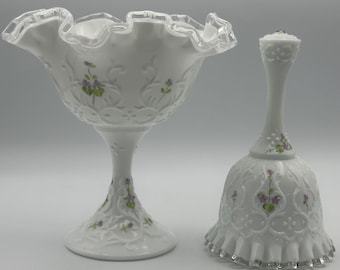 Vintage Fenton White Milk Glass Candy Dish & Bell: Silver Crest Spanish Lace