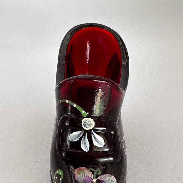 Fenton Red Slipper Hand Painted with Daisies and Butterflies & Signed by D. Fredrick