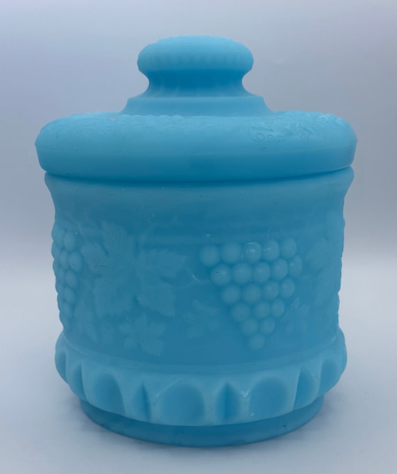 fenton tobacco jar Fenton Blue Slag Grape and Cable Tobacco or Cookie Jar
