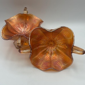 Antique Fenton Carnival Iridescent Marigold "Peacock Tail"  Bon Bon dishes (early 1900s)