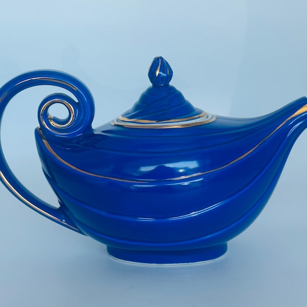 Hall Cobalt Blue Aladdin Teapot with Gold Trim 1950s Vintage MCM