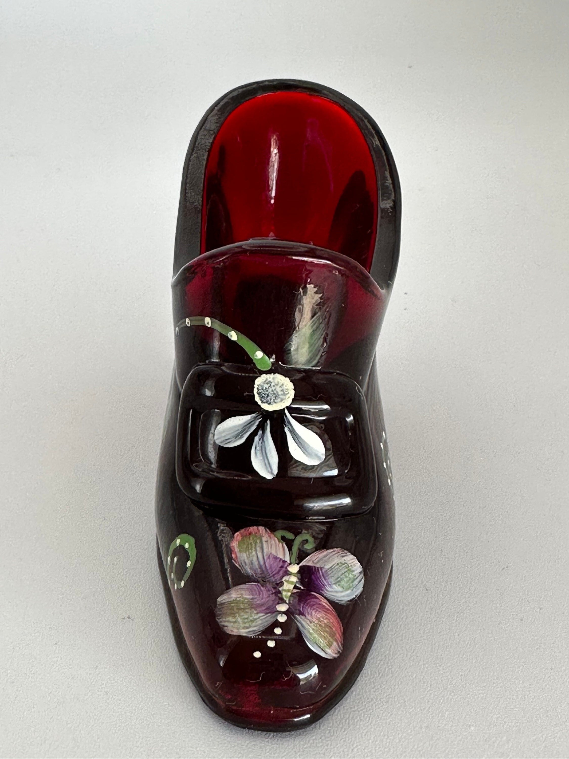 Vintage Fenton Red Slipper Hand Painted with Daisies and Butterflies & Signed by D. Fredrick