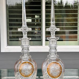 Vintage Pair of Austrian Etched Crystal Decanters