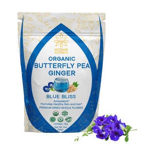 USDA Organic Butterfly Pea & Ginger Herbal Tea | 65+ Servings 2 oz (56g) | Natural Premium Dried Whole Flower | NonGMO Herbal Loose Leaf Tea