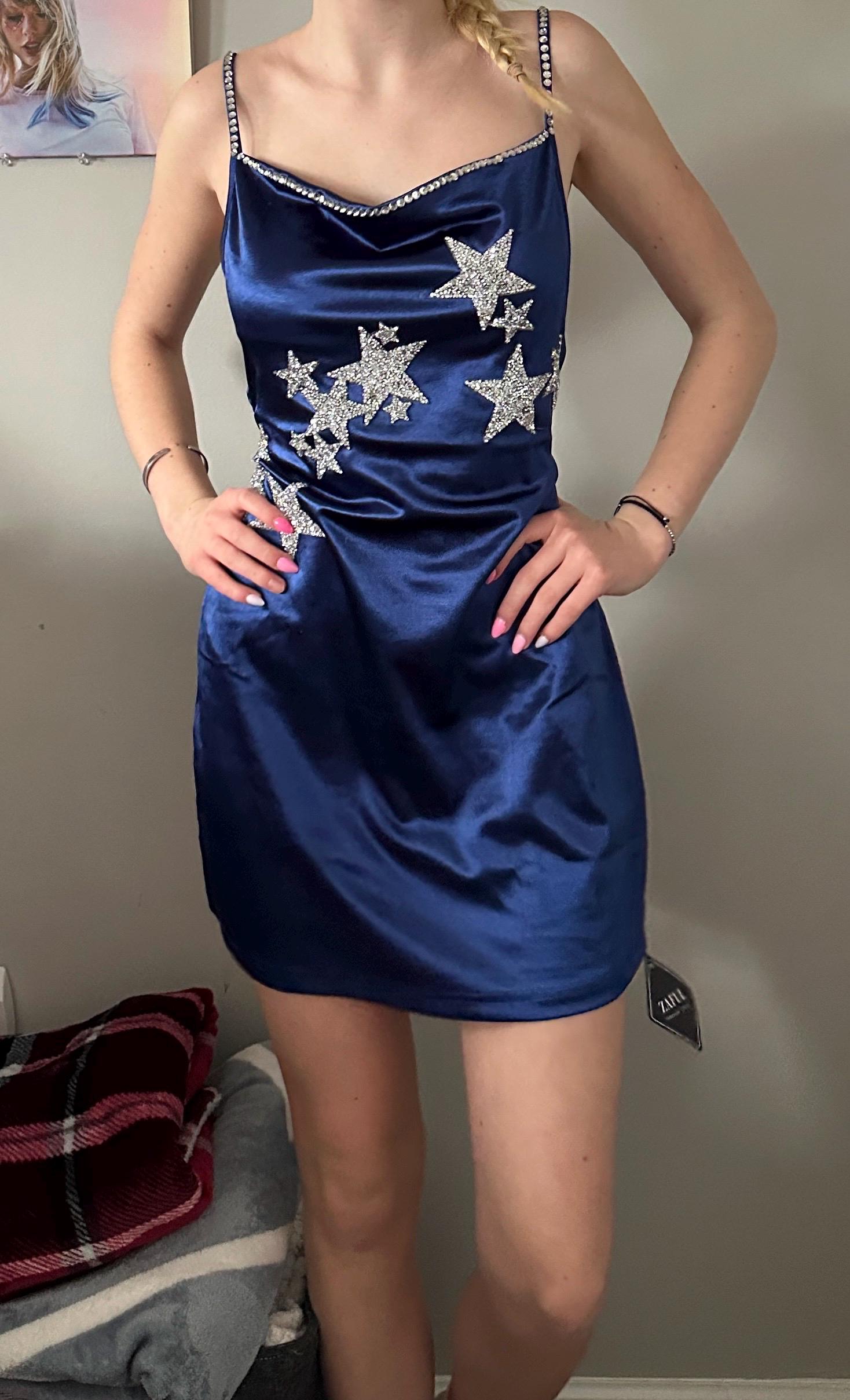 blue dress with stars taylor swift Reputation Inspired Color:Navy/Navy paint Silhouette of a women's