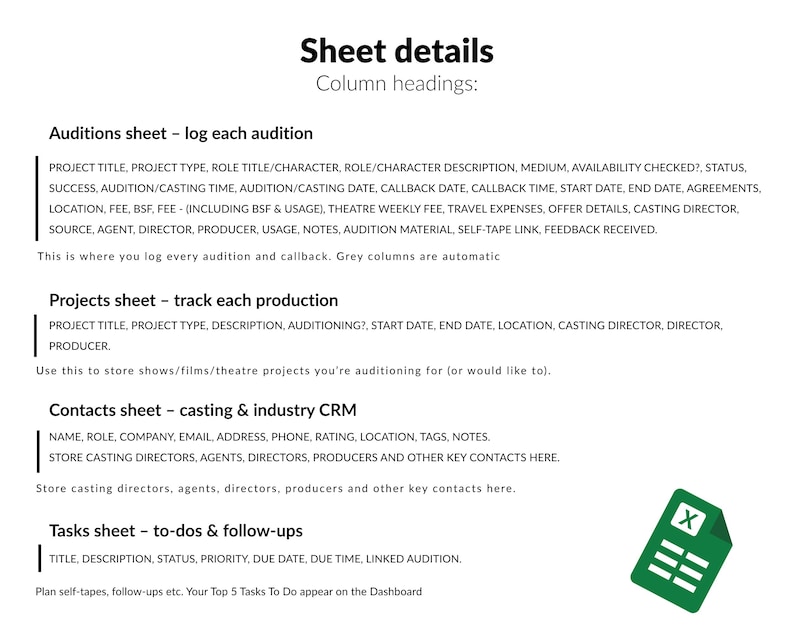 Actor Audition Tracker - Excel Workbook - Etsy