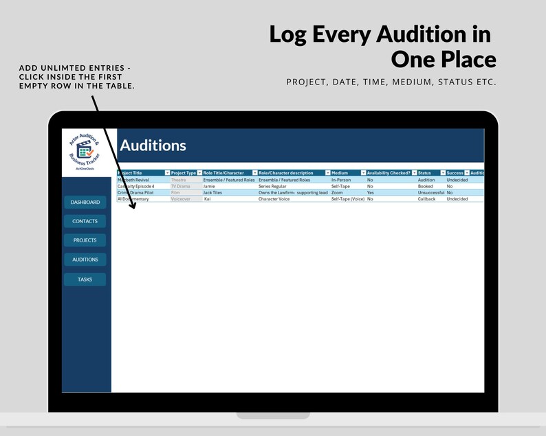 Actor Audition Tracker - Excel Workbook - Etsy