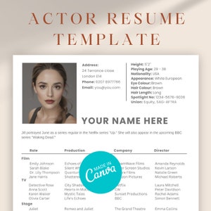 May include: A resume template for actors featuring a headshot of a woman with brown hair and red lipstick. The template includes sections for film, TV, and stage roles, along with contact information and a personal statement.