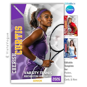 May include: A digital template for a varsity tennis senior poster featuring a purple and white color scheme. The design includes the text Cherish Curtis, Varsity Tennis, Northeastern Academy, and 2026. It is editable in Canva for posters.