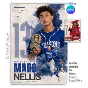 May include: A digital sports poster template featuring a baseball player in a blue uniform with the number 13. The design includes text reading Dragons Baseball Outfielder, Senior 2027, Player of the Year, and Maro Nellis, with blue smoke effects.