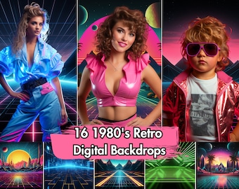 16 Retro 80s Photo Backdrops - Digital Backgrounds: Synthwave, Neon, Lofi Theme - Fun 1980s Portrait Photography & Futurism Backdrop Design