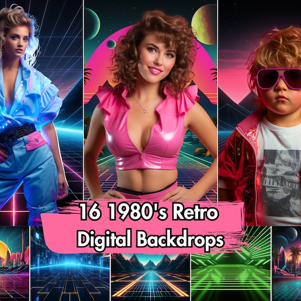 16 Retro 80s Photo Backdrops - Digital Backgrounds: Synthwave, Neon, Lofi Theme - Fun 1980s Portrait Photography & Futurism Backdrop Design