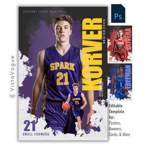Basketball Photoshop Template | Custom Poster, Senior Banner, Memory Mates, Player Cards, Sports Photography | PSD