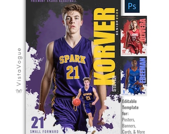 Basketball Photoshop Template | Custom Poster, Senior Banner, Memory Mates, Player Cards, Sports Photography | PSD
