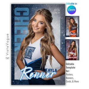 May include: A digital template for a senior cheerleader poster featuring a portrait of a person in a navy and white uniform with the text Kayla Renner, 2026 Senior, and Cheer. The design includes a starry blue background and Canva branding.