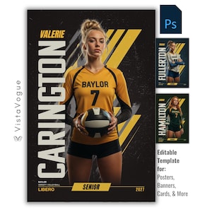May include: A volleyball player in a yellow and black uniform holds a volleyball. The poster includes the text "VALERIE CARINGTON" and "BAYLOR" with the number "7". Additional text includes "SENIOR" and "2027". The image is an editable template for posters and banners.