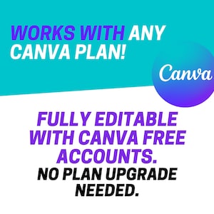 May include: A digital graphic with a teal and white background featuring the text WORKS WITH ANY CANVA PLAN! and FULLY EDITABLE WITH CANVA FREE ACCOUNTS. NO PLAN UPGRADE NEEDED. A purple and blue circular logo with the word Canva is visible.
