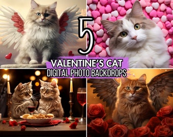 5 toiles de fond photo de chat pour la Saint-Valentin pour portraits d'animaux de compagnie | Arrière-plan numérique personnalisé | Carte de Saint-Valentin et photographie personnalisées avec chat Modifier