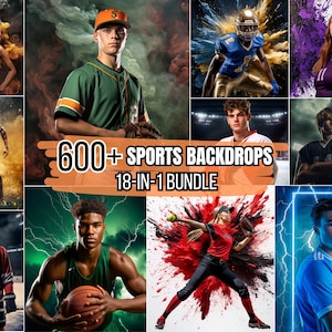 Mais de 600 fundos esportivos e pacote de sobreposição | Cenários digitais para fotos de futebol, basquete, futebol, softball, beisebol | Sobreposições de névoa de fumaça