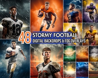 48 Stormy Football Digital Backgrounds & 18 Smoke Overlay | Digital Sports Photography Backdrops PNG | Smoke Fog Overlay Photoshop Templates
