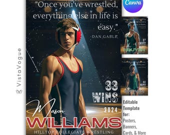 Wrestling Poster Canva Template | Senior Sports Posters, Custom Banner, Memory Mates, Vintage Backdrop | Non-Photoshop Template
