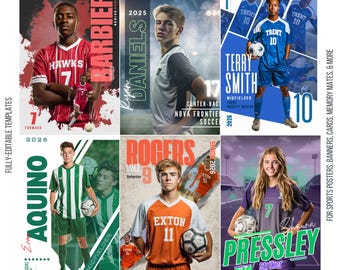9 Soccer Templates Bundle | Editable in Canva | Posters, Senior Banners, Custom Cards, & Graduation Gift, Memory Mates | Sports Photography