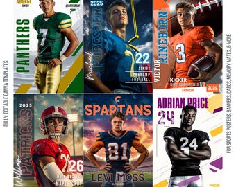May include: A set of vertical banners showcasing high school football players. Each banner displays a player's name, team, position, and graduation year. The banners are designed with team colours and graphics, ideal for sports posters and memory mates.