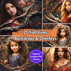 Puede incluir: Un conjunto de 20 fondos y superposiciones digitales de vides de otoño para fotógrafos. Las imágenes presentan una variedad de follaje de otoño, incluyendo hojas, ramas y vides. El texto "20 Fall Vines Backdrops & Overlays" y "Capture Unique Fall Photos" es visible en la imagen.