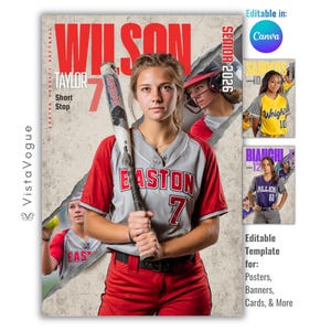 May include: A digital template for a softball senior poster featuring a player in a grey and red jersey holding a bat. The design includes the text Wilson, Taylor, 7, Short Stop, Senior 2026, and Easton. Additional smaller preview images show other player examples.