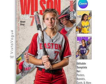 Modello per poster di softball / Modificabile in Canva / Banner personalizzato, tessera squadra softball e Memory Mate / Regalo di laurea / Sfondo softball