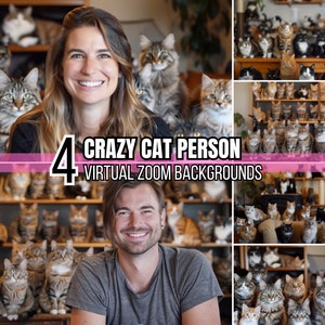 Könnte beinhalten: Eine Collage aus vier Bildern, die ein Paar vor einer Wand voller Katzen zeigen. Der Text "4 CRAZY CAT PERSON VIRTUAL ZOOM BACKGROUNDS" ist über das Bild gelegt.
