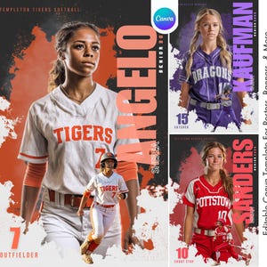 K&ouml;nnte beinhalten: Ein Softball-Team-Poster mit drei Spielerinnen in ihren Uniformen. Das Hauptbild zeigt eine Spielerin in einem wei&szlig;-orangenen Trikot mit dem Wort "Tigers". Das Poster enth&auml;lt den Text "Templeton Tigers Softball" und "Angelo".