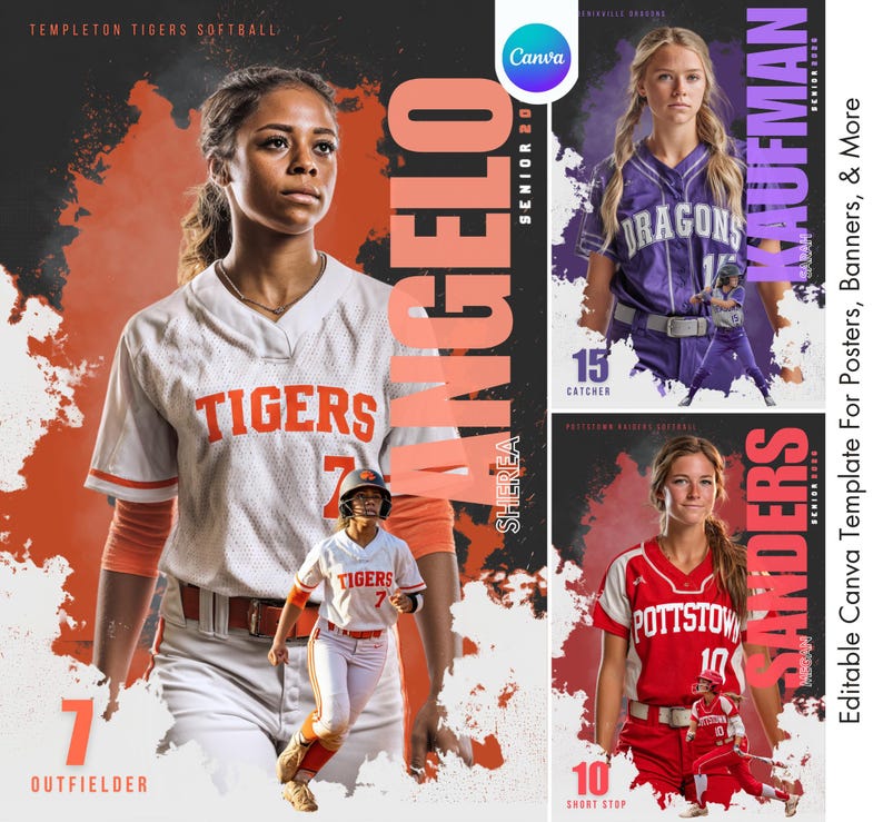 K&ouml;nnte beinhalten: Ein Softball-Team-Poster mit drei Spielerinnen in ihren Uniformen. Das Hauptbild zeigt eine Spielerin in einem wei&szlig;-orangenen Trikot mit dem Wort "Tigers". Das Poster enth&auml;lt den Text "Templeton Tigers Softball" und "Angelo".