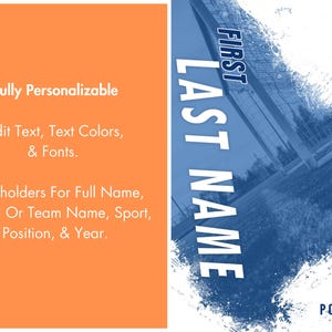 May include: A customizable soccer-themed design with an orange and blue color scheme. The design includes placeholders for full name, team name, sport, position, and year. Text reads "FIRST LAST NAME" and "YOUR TEAM SOCCER POSITION".