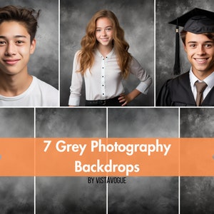 May include: Seven grey photography backdrops with a textured, distressed look. The backdrops are displayed with people standing in front of them. The text "7 Grey Photography Backdrops" and "BY VISTAVOGUE" is displayed on a banner.