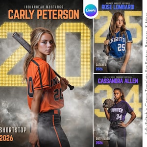 Softbalcanvasjabloon | Softbalposter, spandoek senioren, aangepaste spelerskaart, geheugensteuntje | Digitale softbalachtergrond | Sportfotografie